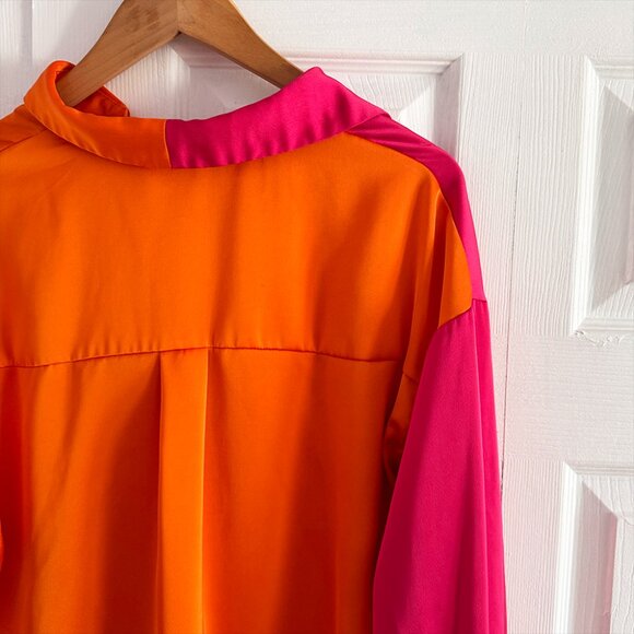 Strut & Bolt Multicolor Orange and Hot Pink Button Up Colorblock Satin Blouse - Picture 9 of 9